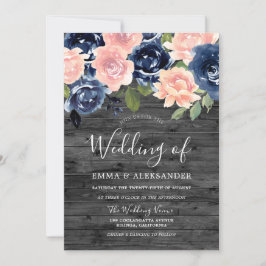 Rustic Charcoal Blush & Navy Floral Wedding Kaart