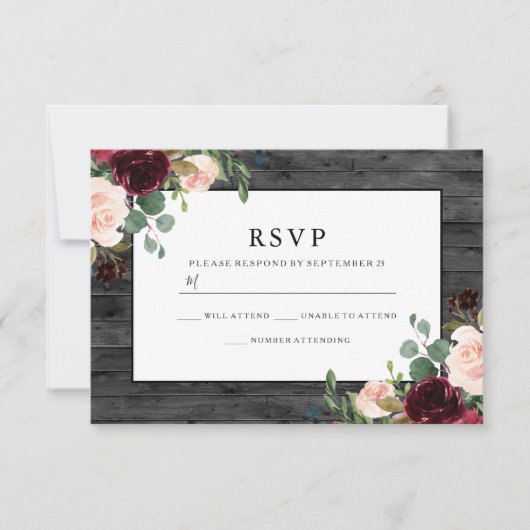 Rustic Charcoal Burgundy Flowers Elegant Wedding RSVP Kaartje (Voorkant)