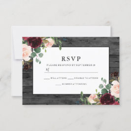 Rustic Charcoal Burgundy Flowers Elegant Wedding RSVP Kaartje