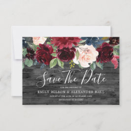 Rustic Charcoal Wood Burgundy Flowers Wedding Save The Date