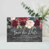 Rustic Charcoal Wood Burgundy Flowers Wedding Save The Date (Staand voorkant)