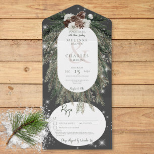 Rustic Charcoal Zwarte Pijnboom Winter Schittering All In One Uitnodiging