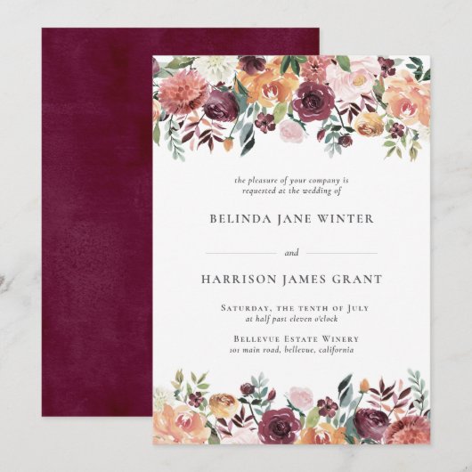 Rustic Charm Burgundy Blush Pink Floral Wedding Kaart (Voorkant / Achterkant)