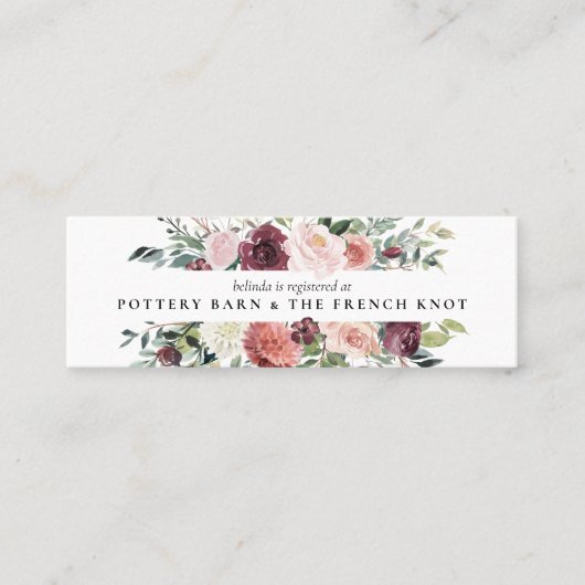 Rustic Charm Burgundy Blush Pink Floral Wedding Mini Visitekaartje (Voorkant)