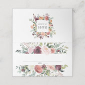 Rustic Charm Burgundy Blush Pink Floral Wedding Plaatskaartje (Buitenkant ongevouwen)