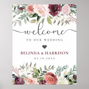 Rustic Charm Burgundy Blush Pink Floral Wedding Poster
