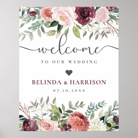 Rustic Charm Burgundy Blush Pink Floral Wedding Poster (Voorkant)