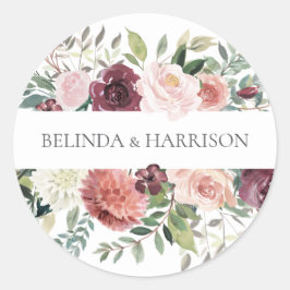 Rustic Charm Burgundy Blush Pink Floral Wedding Ronde Sticker