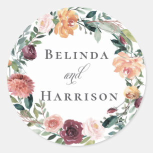 Rustic Charm Burgundy Blush Pink Floral Wedding Ronde Sticker