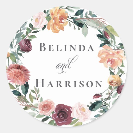 Rustic Charm Burgundy Blush Pink Floral Wedding Ronde Sticker (Voorkant)