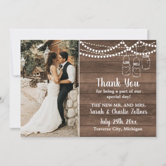 Rustic Charm Mason Jar String Lights Weddenschap Bedankkaart (Voorkant)