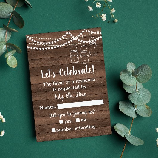 Rustic Charm Mason Jar String Lights Wedding RSVP Kaartje