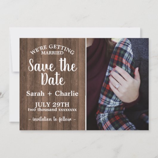 Rustic Charm Wood Photo Weddenschap bewaart de dat Save The Date (Voorkant)