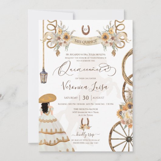 Rustic Charro Floral Boho Country Quinceanera Invi Kaart (Voorkant)