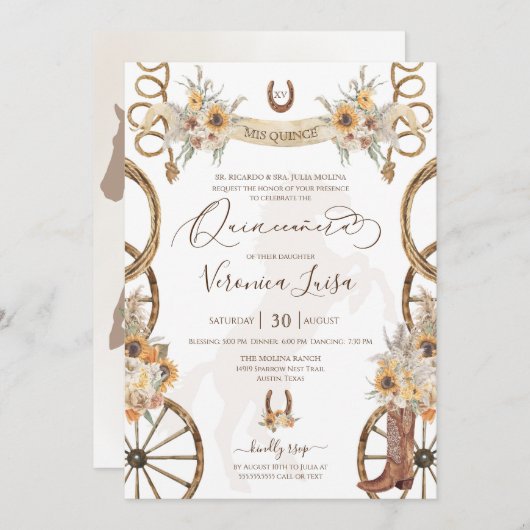 Rustic Charro Floral Boho Country Quinceanera Kaart (Voorkant / Achterkant)