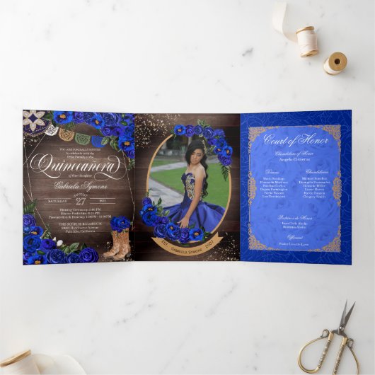 Rustic Charro Royal Blue Rozen Land Quinceañera Drieluik Uitnodiging (Binnen)