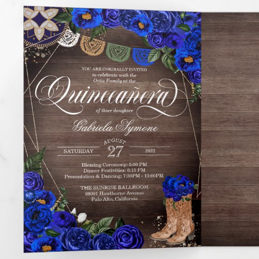 Rustic Charro Royal Blue Rozen Land Quinceañera Drieluik Uitnodiging (Binnenzijde eerst)