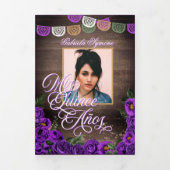 Rustic Charro Royal Paarse Rozen Quinceañera Drieluik Uitnodiging (Cover)