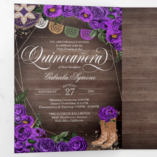 Rustic Charro Royal Paarse Rozen Quinceañera Drieluik Uitnodiging (Binnenzijde eerst)