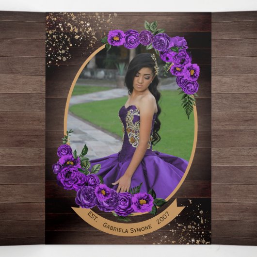 Rustic Charro Royal Paarse Rozen Quinceañera Drieluik Uitnodiging (Binnenkant midden)