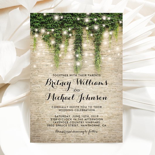 Rustic Chateau Stone Church String Lights Wedding Kaart