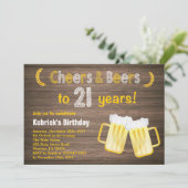 Rustic Cheers and Beers 21st Birthday Invitation Kaart (Staand voorkant)