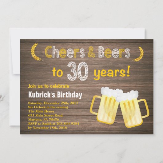 Rustic Cheers and Beers 30th Birthday Invitation Kaart (Voorkant)