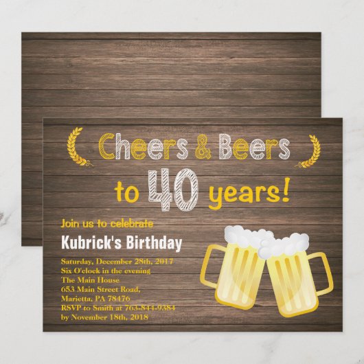 Rustic Cheers and Beers 40th Birthday Invitation Kaart (Voorkant / Achterkant)