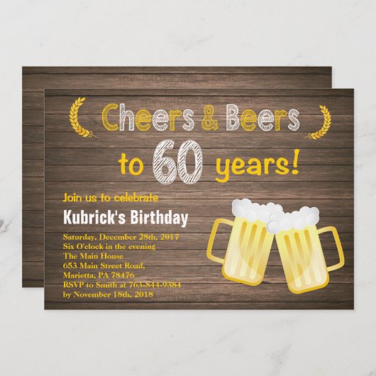 Rustic Cheers and Beers 60th Birthday Invitation Kaart (Voorkant / Achterkant)