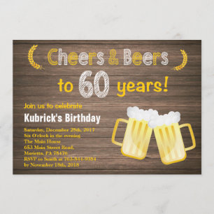 Rustic Cheers and Beers 60th Birthday Invitation Kaart