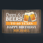 Rustic Cheers and Beers Happy 60th Birthday Sinaas Spandoek<br><div class="desc">Rustic Cheers and Beers Happy 60th Birthday Banner Sinaasappel. Voor verdere aanpassing,  te klikken gelieve de knoop "van de Aanpassing het"en ons ontwerphulpmiddel te gebruiken om deze sjabloon te wijzigen.</div>
