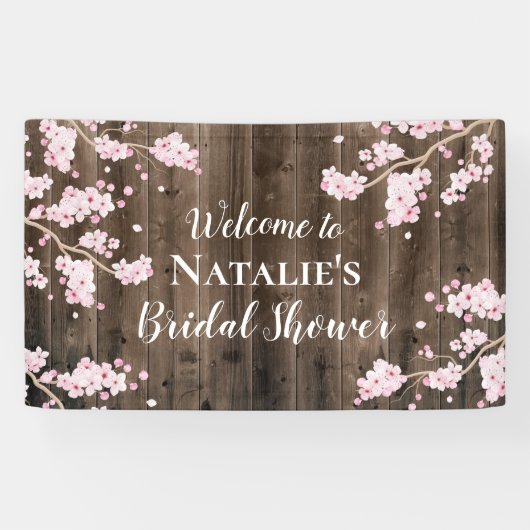 Rustic Cherry Blossom Floral Wood Vrijgezellenfees Spandoek (Horizontaal)