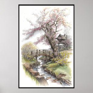 Rustic Cherry Blossom in Spring Landscape Poster