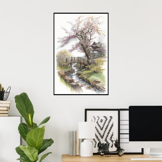 Rustic Cherry Blossom in Spring Landscape Poster (Thuiskantoor)