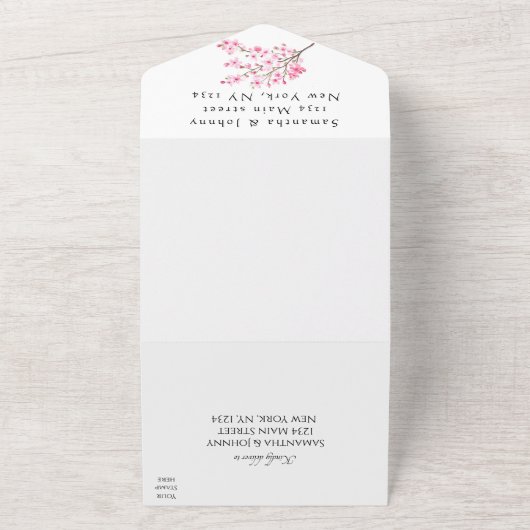 Rustic Cherry Blossom Japanse roze bloemen Sakura All In One Uitnodiging (Buitenkant)
