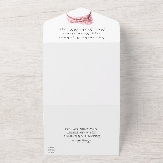 Rustic Cherry Blossom Japanse roze bloemen Sakura All In One Uitnodiging (Buitenkant)