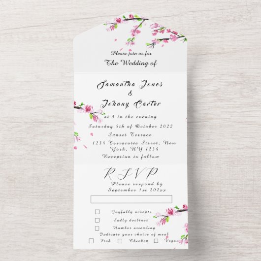 Rustic Cherry Blossom Japanse roze bloemen Sakura All In One Uitnodiging (Binnen)