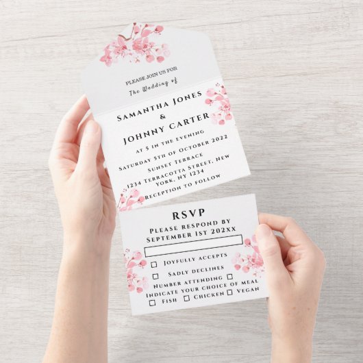 Rustic Cherry Blossom Japanse roze bloemen Sakura All In One Uitnodiging (Afscheurbaar)