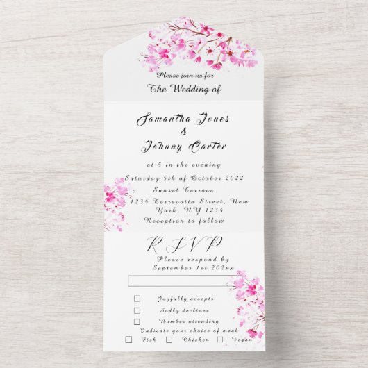 Rustic Cherry Blossom Japanse roze bloemen Sakura All In One Uitnodiging (Binnen)