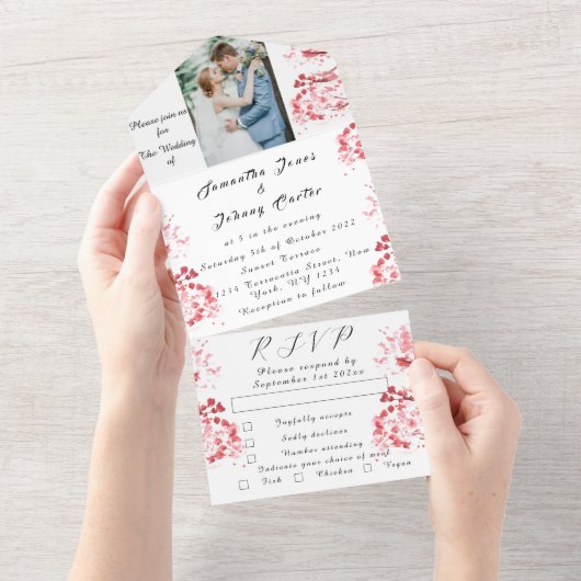 Rustic Cherry Blossom Japanse roze bloemen Sakura All In One Uitnodiging (Afscheurbaar)