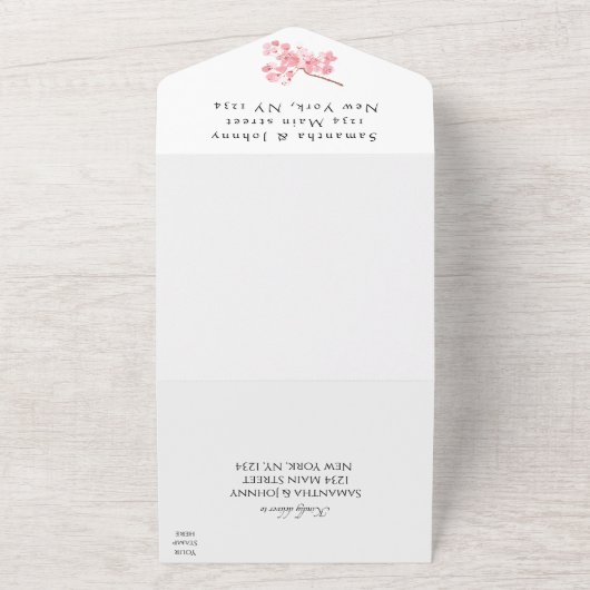 Rustic Cherry Blossom Japanse roze bloemen Sakura All In One Uitnodiging (Buitenkant)