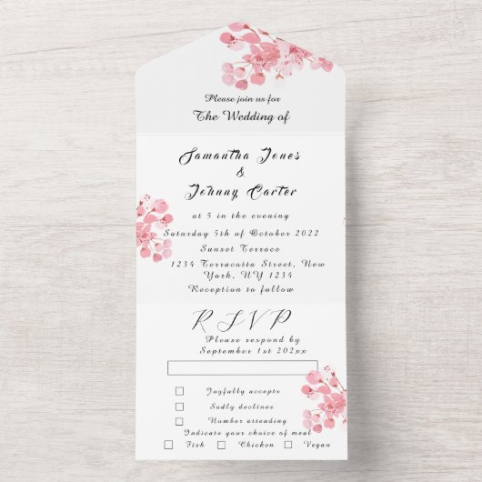 Rustic Cherry Blossom Japanse roze bloemen Sakura All In One Uitnodiging (Binnen)