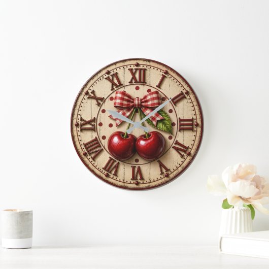Rustic Cherry Gingham Bow Farmhouse Kitchen Grote Klok (Huis)