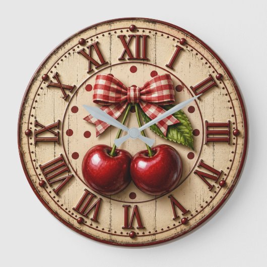 Rustic Cherry Gingham Bow Farmhouse Kitchen Grote Klok (Voorkant)