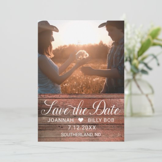 Rustic Cherry Wood White Script Foto Save The Date (Staand voorkant)
