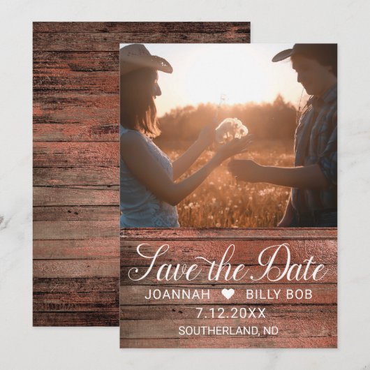 Rustic Cherry Wood White Script Foto Save The Date (Voorkant / Achterkant)