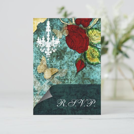 Rustic Chic Aqua  Roos Wedding RSVP Kaartje (Staand voorkant)