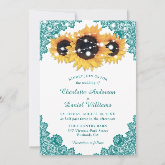 Rustic Chic Blauwgroen Lace Sunflower Wedding Kaart (Voorkant)