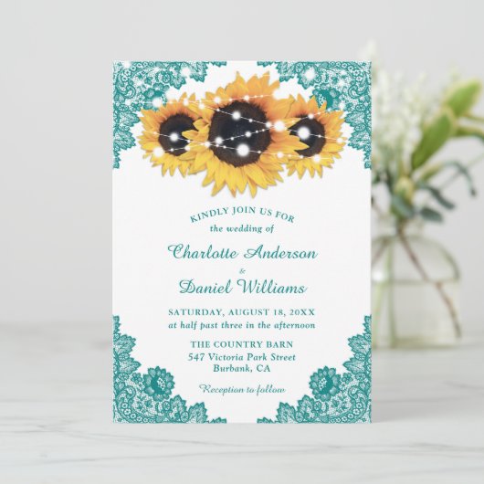 Rustic Chic Blauwgroen Lace Sunflower Wedding Kaart (Staand voorkant)