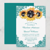 Rustic Chic Blauwgroen Lace Sunflower Wedding Kaart (Voorkant / Achterkant)